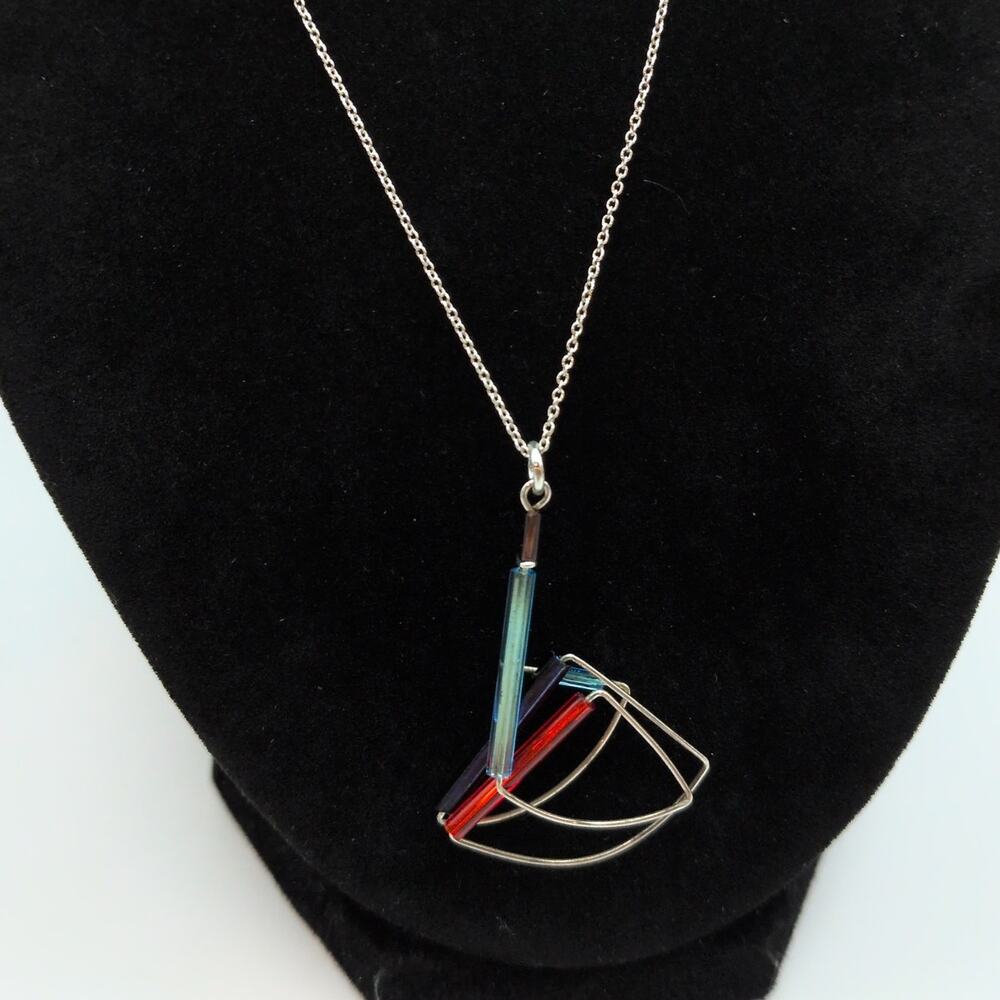 Barbie Levy Sterling Silver 925 Barb-Wire Geometric Art Colorful Glass Necklace